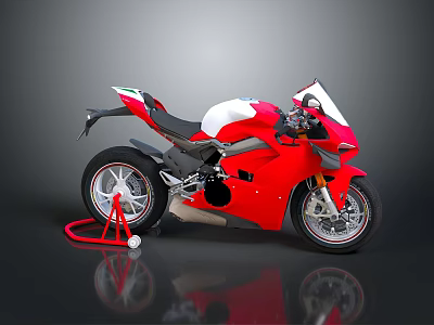 Sleek Red and White Motorcycle with Black Seat Red Stand and Reflection on Dark Background 3d model