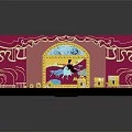 Cartoon Stage Scene With Red Curtain Golden Decorations Arch Window And Golden Boxes In Front
