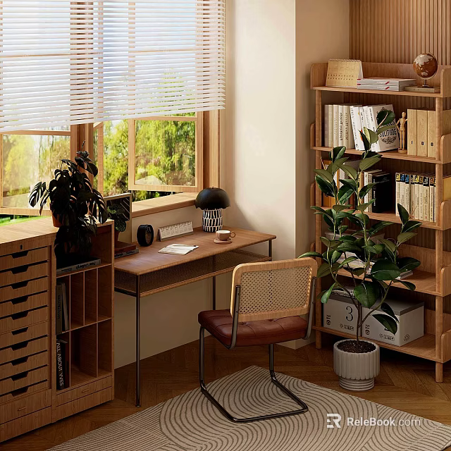 Cozy Study Room Interior With Window Blinds Green View Wooden Desk Bookshelf And Potted Plants 3d model 
