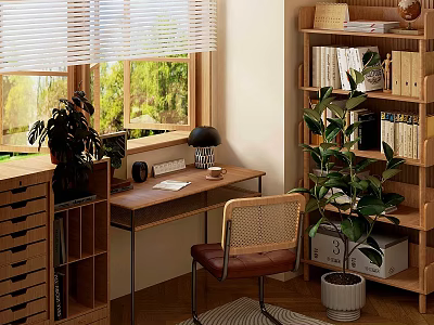 Cozy Study Room Interior With Window Blinds Green View Wooden Desk Bookshelf And Potted Plants 3d model