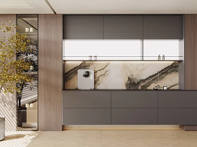 Modern Gray Sideboard Cabinet With Upper Glass Doors Marble Backsplash And Ambient Lighting 3d model