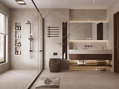 Modern Bathroom Interior With Glass Shower Large Mirror Wooden Vanity Tile Walls And Decorative Plant 3d model