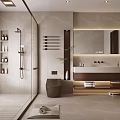 Modern Bathroom Interior With Glass Shower Large Mirror Wooden Vanity Tile Walls And Decorative Plant