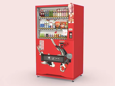 Red Public Vending Machine Interior With Drinks Snacks And Koi Fish Design 3d model
