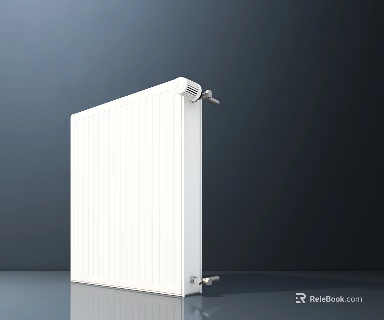 White Radiator with Vertical Stripes and Metal Connecting Fittings against Dark Background 3d model 