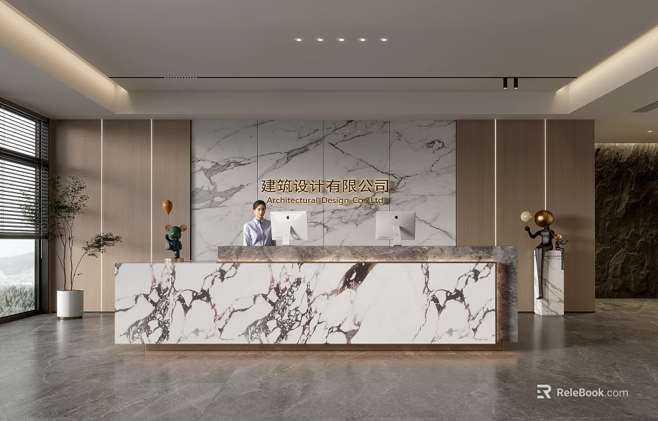 Modern Front Desk Reception With Marble Countertop And Backdrop Wall In Office 3d model 