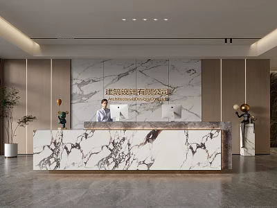 Modern Front Desk Reception With Marble Countertop And Backdrop Wall In Office 3d model