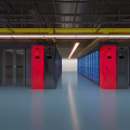 Spacious Server Room Featuring Blue And Red Cabinets And Modern Racks