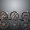 Car Parts Alloy Wheels Three Different Designs With Shiny Metal Finish And Reflective Surface
