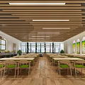 Bright Cafeteria Interior With Wooden Ceiling Tables Green Chairs Windows Menu Boards 3d model