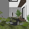 Courtyard Garden With White Walls Lattice Wall Green Plants Stones Small Lights And Wooden Platform