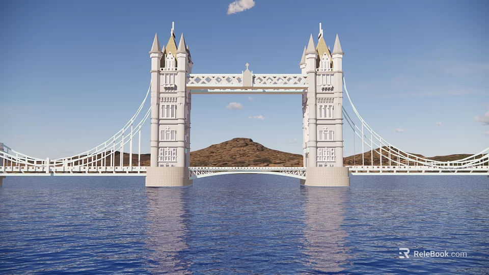 Iconic Scenic Landscape Bridge Featuring Tall Towers Spires Spanning Calm Water Blue Sky And Hills 3d model 