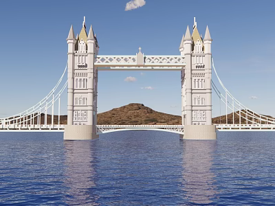 Iconic Scenic Landscape Bridge Featuring Tall Towers Spires Spanning Calm Water Blue Sky And Hills 3d model