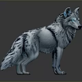Wolf With Blue And White Fur And Glowing Eyes In Standing Pose Against Dark Background