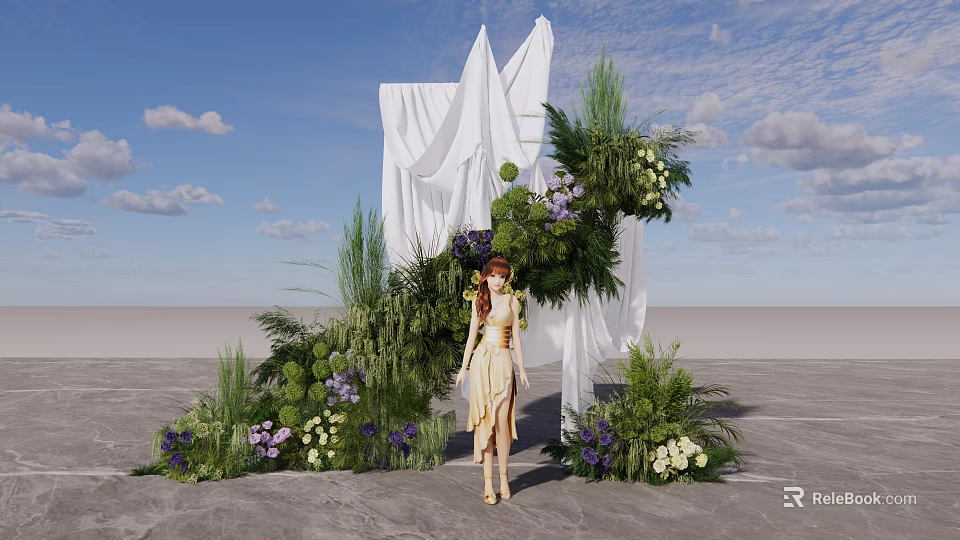 Scenic Photo Spot With White Drapery Green Foliage And Purple White Flowers 3d model 
