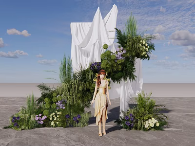 Scenic Photo Spot With White Drapery Green Foliage And Purple White Flowers 3d model