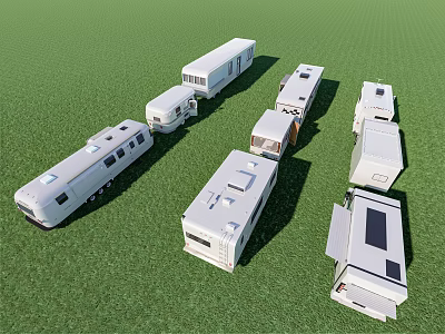 Various White Caravans With Different Sizes Parked On Green Grass Field 3d model