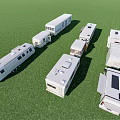 Various White Caravans With Different Sizes Parked On Green Grass Field 3d model