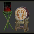 Traditional Metal Brazier With Flames And Dragon Pattern Drum On Wooden Stand