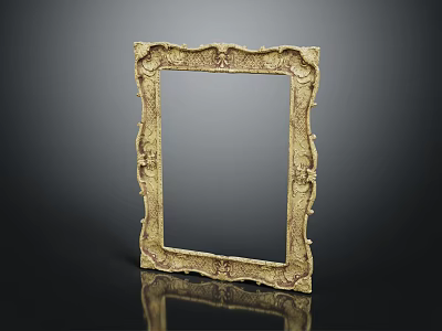 Gold Ornate Carved Vintage Photo Frame With Intricate Design Against Dark Background And Reflective Surface 3d model