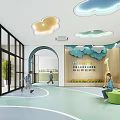 Kindergarten Interior Featuring Cloud Ceiling Lights Large Windows Giraffe Toy Green Bench And Children 3d model
