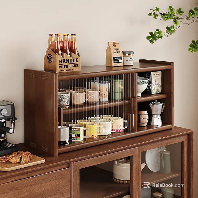 Wooden Kitchen Cabinet With Bottles Coffee Cans Cups And Glassware Storage 3d model 