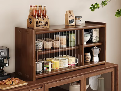 Wooden Kitchen Cabinet With Bottles Coffee Cans Cups And Glassware Storage 3d model