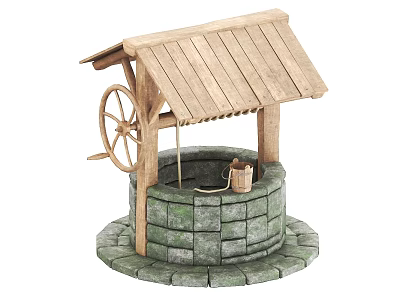 Vintage Well Design Featuring Wooden Roof Stone Structure And Bucket Wheel 3d model