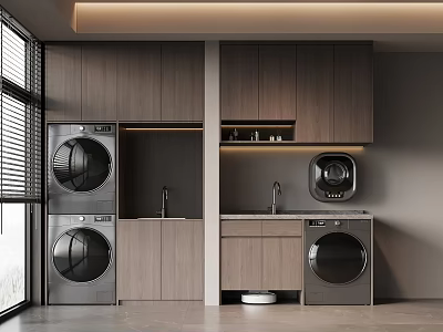 Modern Laundry Room Interior With Wooden Cabinets Washing Machines Dryers Faucet And Window Blinds 3d model