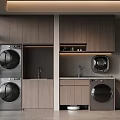 Modern Laundry Room Interior With Wooden Cabinets Washing Machines Dryers Faucet And Window Blinds