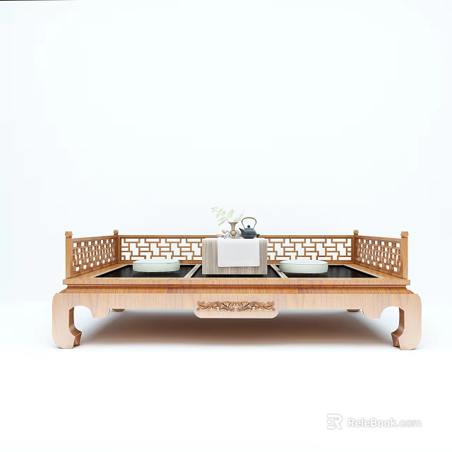 Traditional Chinese Wooden Arhat Bed With Carved Railings And Tea Set Decor 3d model 