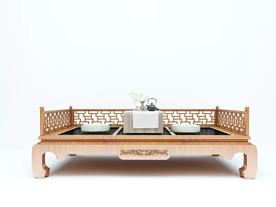 Traditional Chinese Wooden Arhat Bed With Carved Railings And Tea Set Decor 3d model