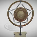 Vintage Microphone With Circular Wooden Frame And Metal Stand Base Design
