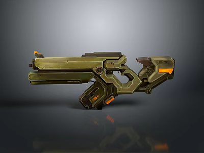 Futuristic Sci-Fi Weapon With Green Body Orange Accents And Mechanical Grip Design 3d model