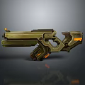 Futuristic Sci-Fi Weapon With Green Body Orange Accents And Mechanical Grip Design