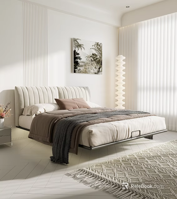 Modern Double Bed With Upholstered Headboard Cozy Quilt Pillows Wall Art Floor Lamp And Curtains 3d model 