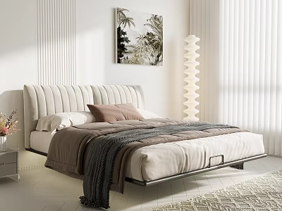 Modern Double Bed With Upholstered Headboard Cozy Quilt Pillows Wall Art Floor Lamp And Curtains 3d model