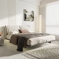 Modern Double Bed With Upholstered Headboard Cozy Quilt Pillows Wall Art Floor Lamp And Curtains