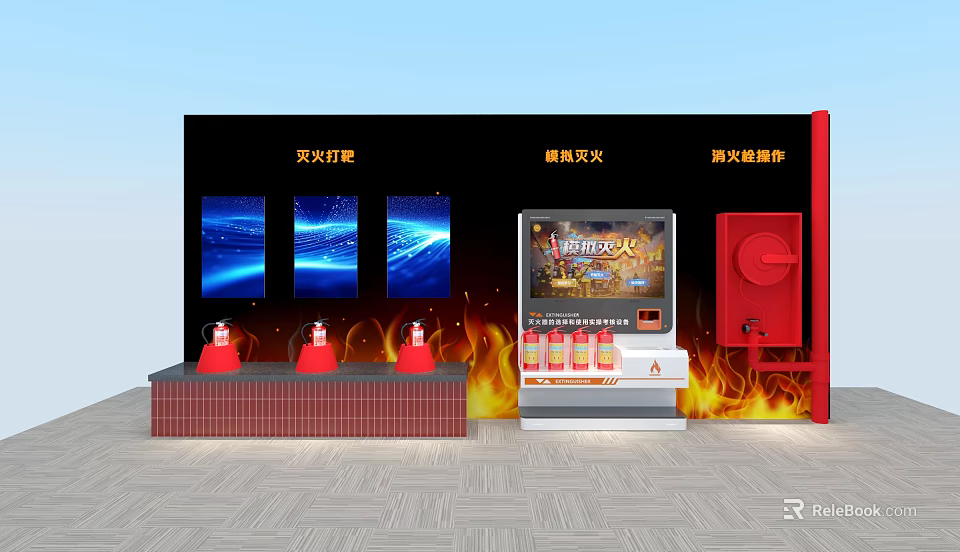 Fire Safety Education Open Interactive Area with Simulation Stations Screen Displays and Fire Extinguishers 3d model 