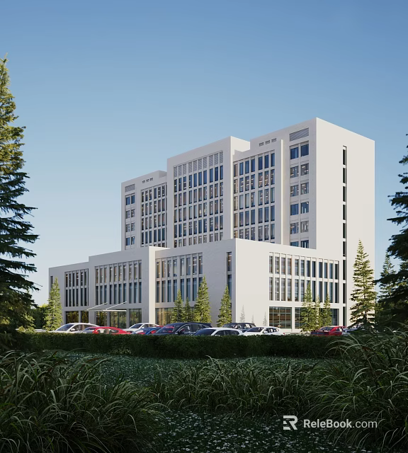 Modern Office Building Exterior With Large Windows Green Trees And Parking Area 3d model 