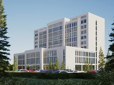 Modern Office Building Exterior With Large Windows Green Trees And Parking Area 3d model