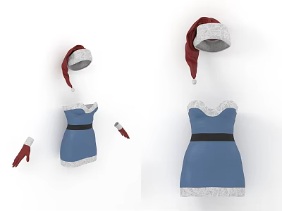 Christmas Themed Costume Set With Blue Dress Black Belt Red Hat And Gloves 3d model
