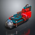 Red And Blue Mechanical Device With Silver Spherical Base Intricate Pipes And Panels