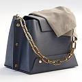 Stylish Blue Leather Handbag With Gray Gloves And Golden Accents Details