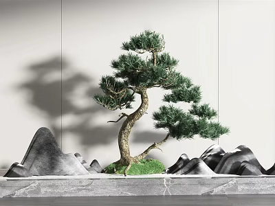 Garden Ornament With Curved Pine Tree Rock Formations Green Grass And Marble Floor 3d model