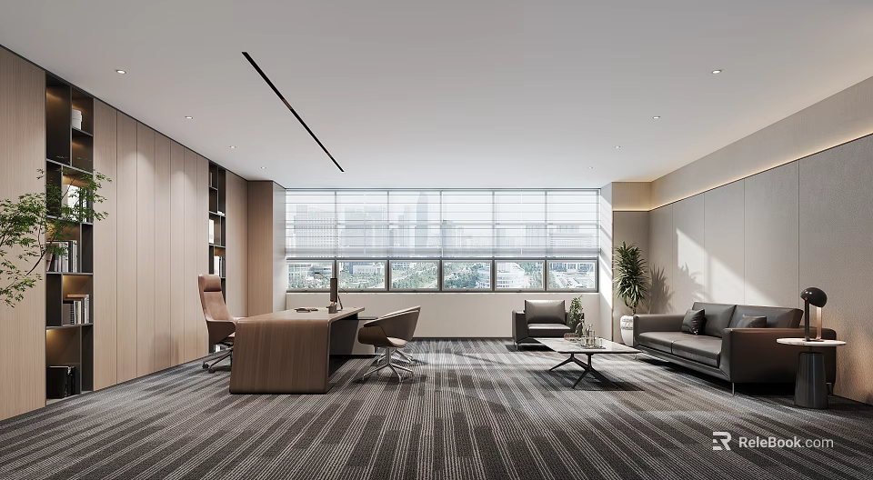 Modern Open Office Interior Design With Large Windows Desk Sofa And Green Plants 3d model