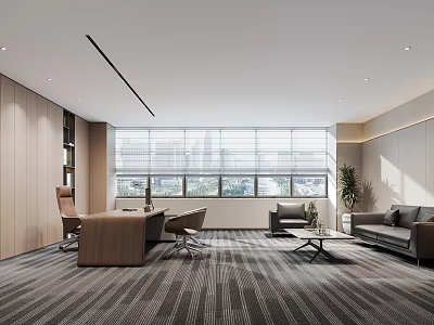 Modern Open Office Interior Design With Large Windows Desk Sofa And Green Plants 3d model