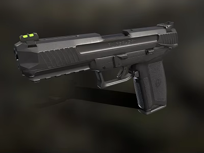 Man Holding Modern Black Pistol With Green Sight And Textured Grip 3d model
