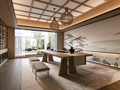 Serene Modern Tea Room With Wooden Ceiling Woven Pendant Lights Long Table And Landscape Painting 3d model