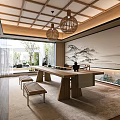 Serene Modern Tea Room With Wooden Ceiling Woven Pendant Lights Long Table And Landscape Painting